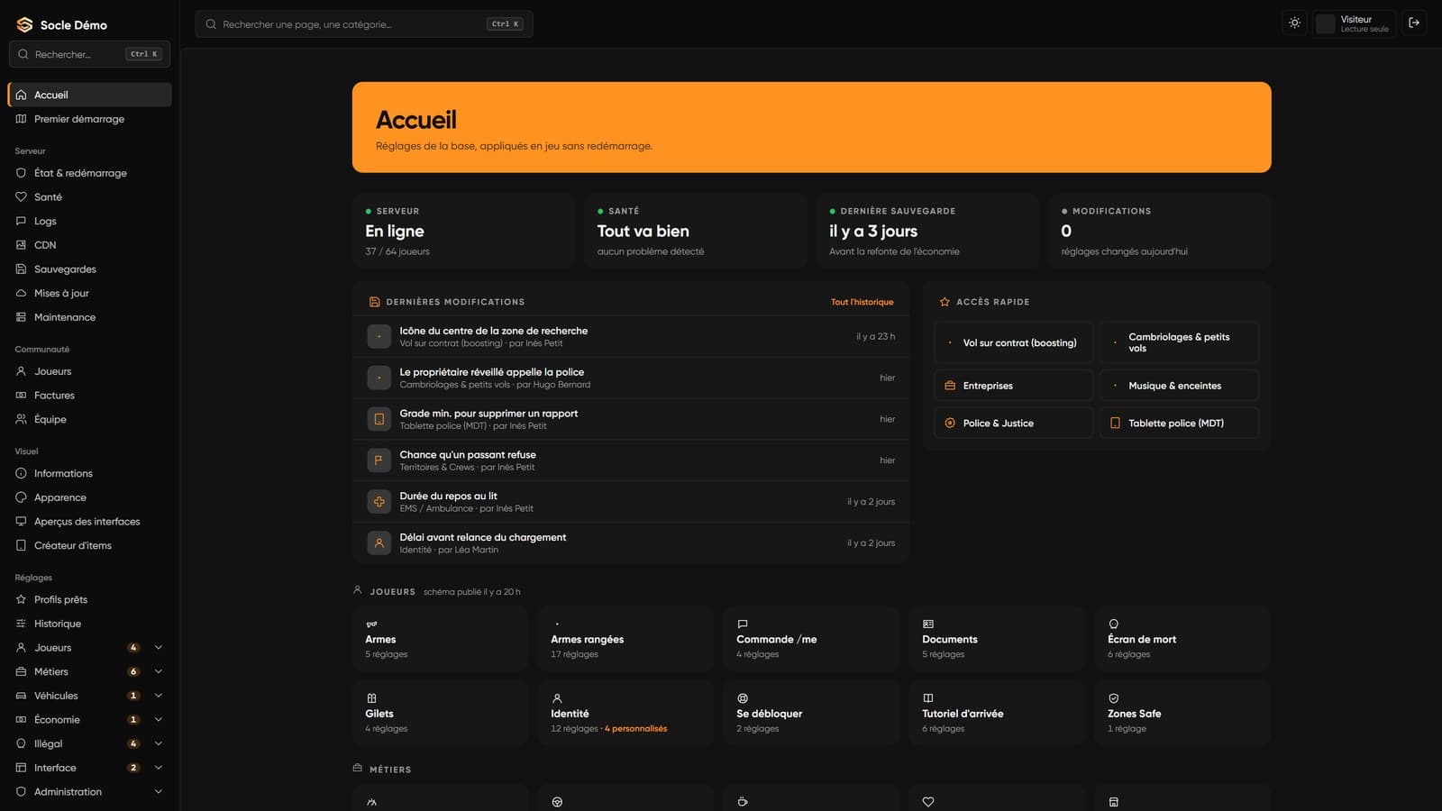 Les 72 modules : Métiers, tablettes police et EMS, braquages, logement, garages.